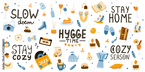 Big collecton of hygge elements in cartoon style with lettering