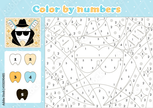 Dental themed coloring page by number for kids with cute tooth character and toothbrush