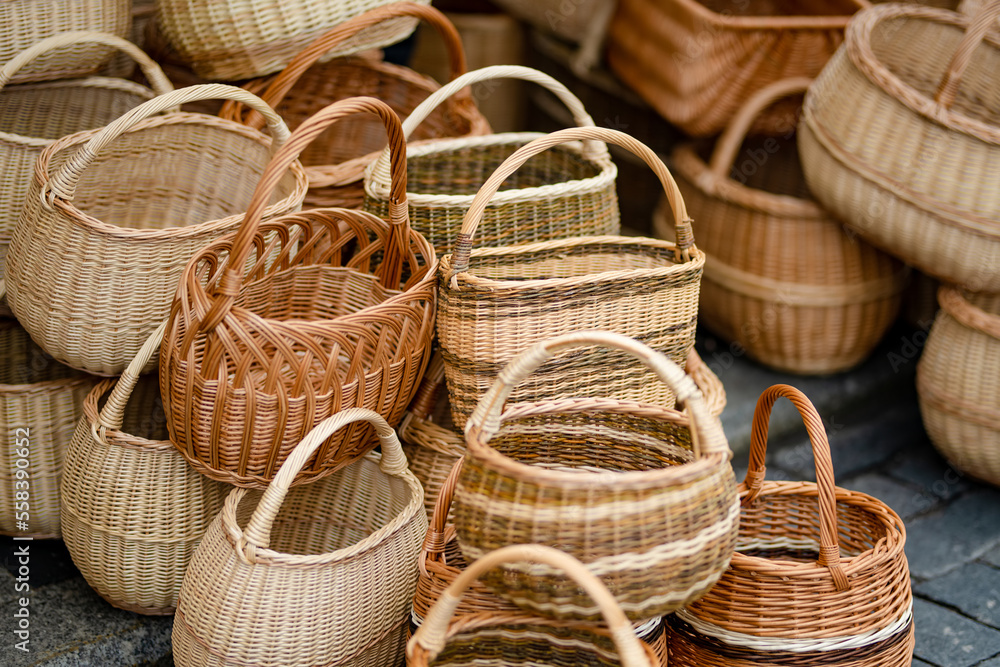 Wicker baskets of various sizes sold on Easter market in Vilnius