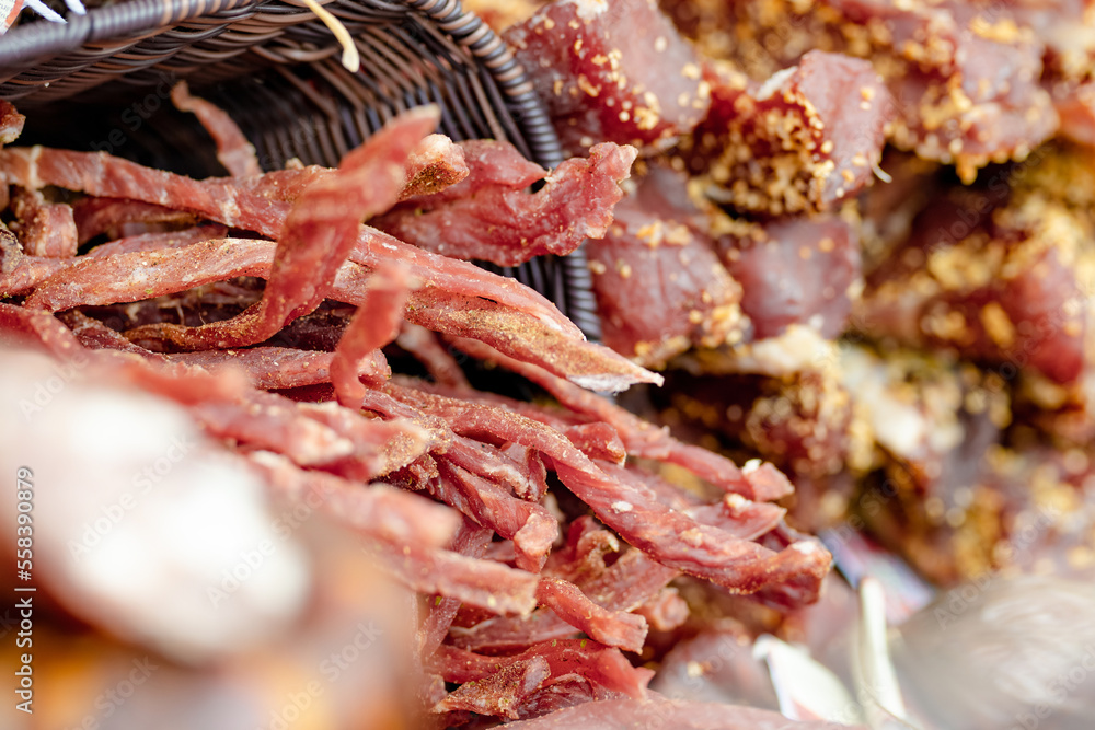 Selection of assorted home made meats, jerky and sausages on a farmers market in Vilnius, Lithuania Selection of assorted home made meats, jerky and sausages on a farmers market in Vilnius, Lithuania