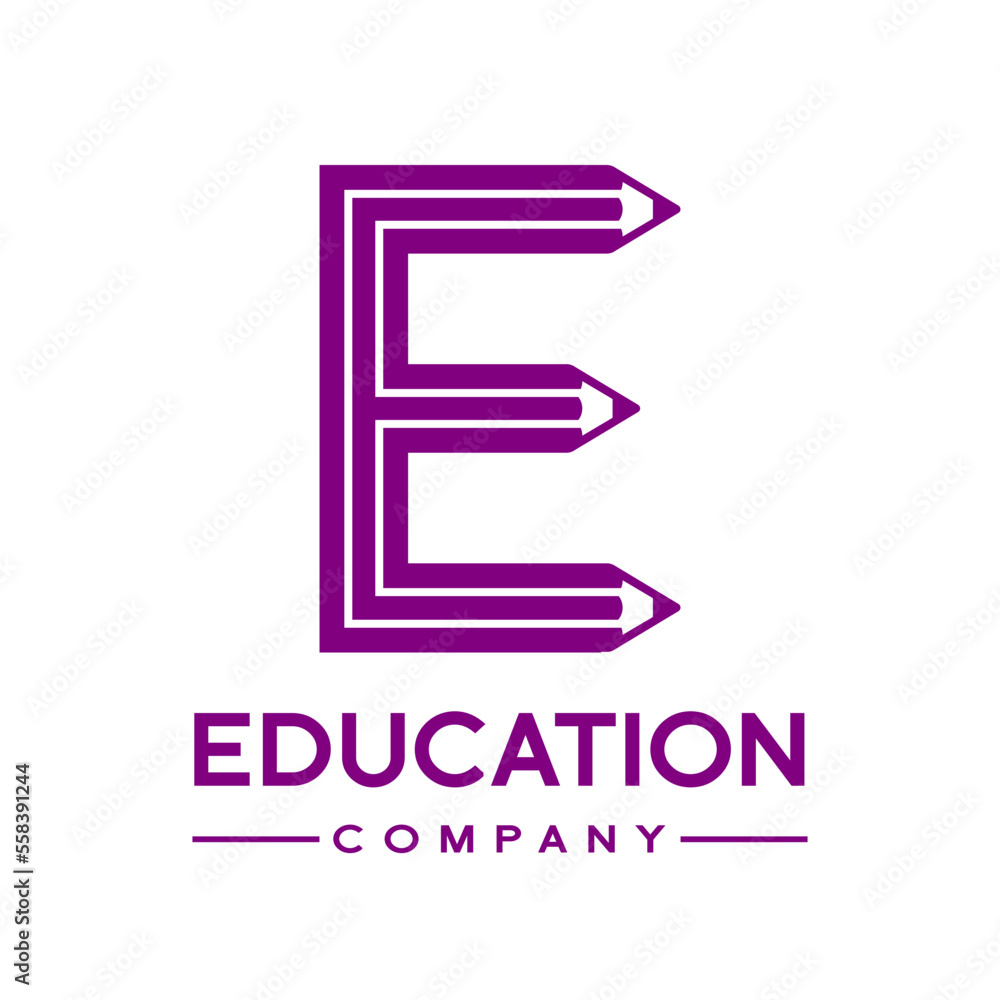 letter formed by pencil vector logo template. Design elements for your application, education, student or corporate identity.E letter formed by pencil vector logo template. Design elements for your application, education, student or corporate identity.E