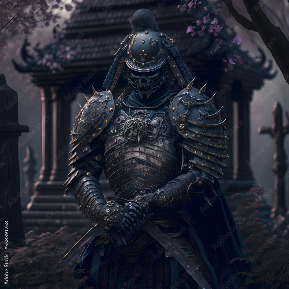 Fototapeta premium A Macabre Futurist Samurai In a Cemetery Wearing a Black Armor, AI Generative