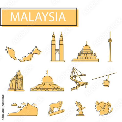 Icons set of Malaysia. Set of map, architecture, tradition and more.