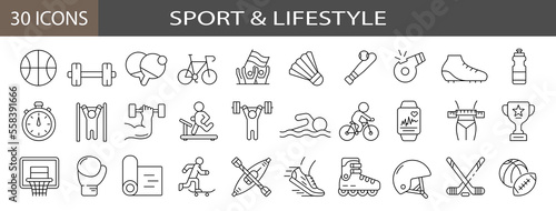30 web icons in line style Sport and lifestyle . Fitness, entertainment, healthy food, gym, training, workout, muscle, nutrition and dieting.
