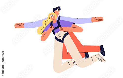 Sky divers couple with parachute backpacks, floating in air. Skydivers, happy man and woman jumpers during free fall, flying down together. Flat vector illustration isolated on white background