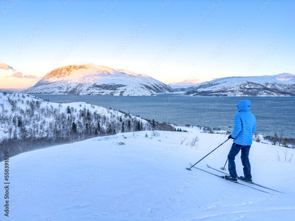 Woman skiing in the Velfjord mountains,Helgeland,Norway,Europe