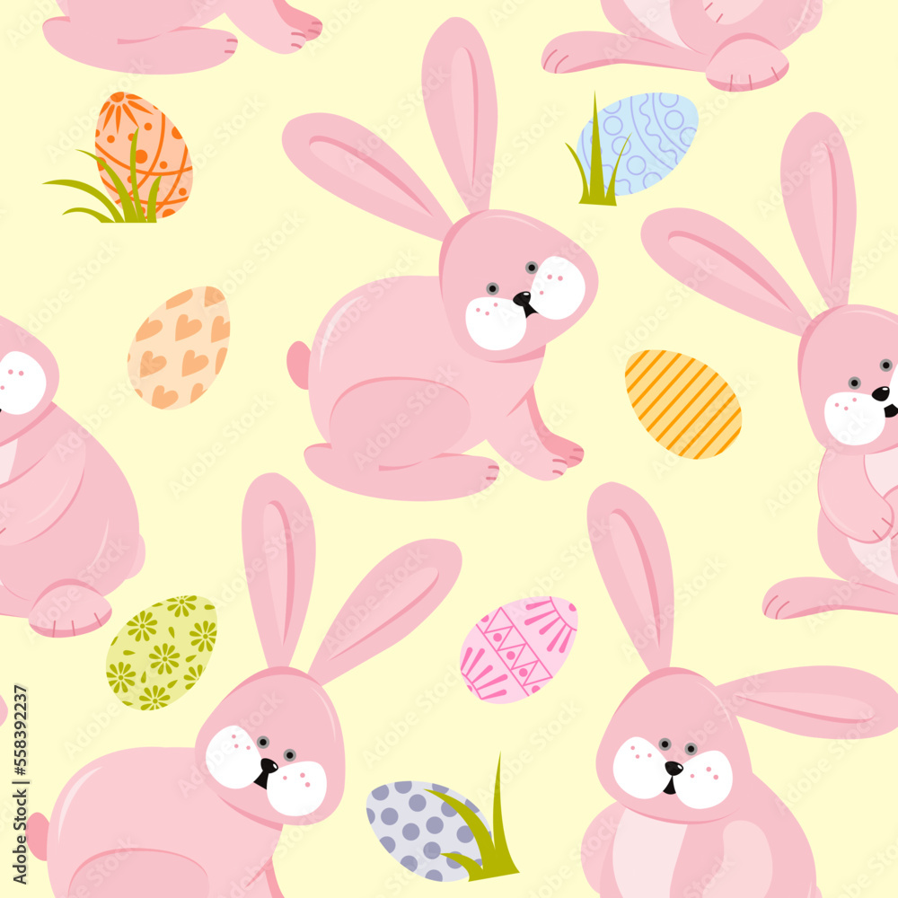 Obraz premium Easter seamless pattern, cute pink hares and Easter eggs on a yellow background