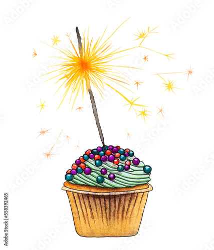 Watercolor scetch illustration with festive cupkace, sprinkles and birthday burning sparkler candle, isolated on transparent background. Watercolor hand drawn Happy Birthday greeting card, postcard. photo