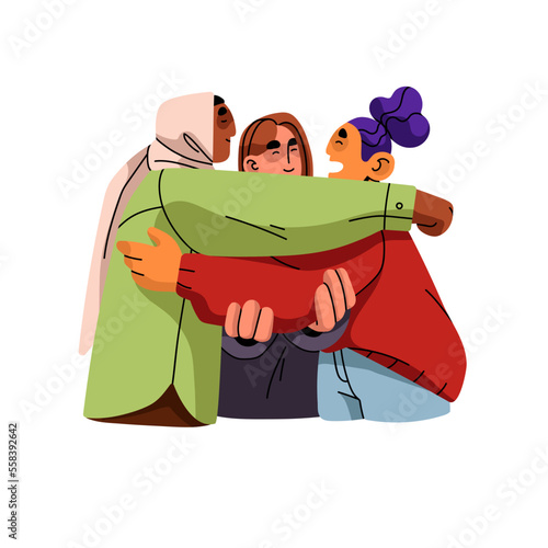 Friends gathering, meeting, hugging together. Friendship, support, communication concept. Modern happy young characters talking, laughing. Flat vector illustration isolated on white background
