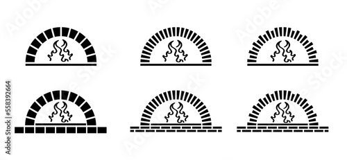 Cartoon fireplace or firewood oven. Stone brick pizzeria, pizza oven. Vector fire logo. Classic brick fireplace. For bakery, baker and bread food. Stone kitchen tools icon.
