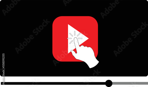 Multimedia video player shape with a hand cursor pressing a play button, broadcasting pictogram vector illustration