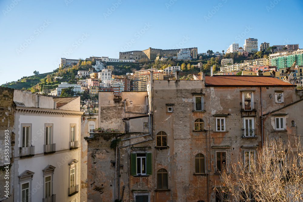 View of the Vomero hill and St. Elmo Castle from the Montesanto district of Naples.