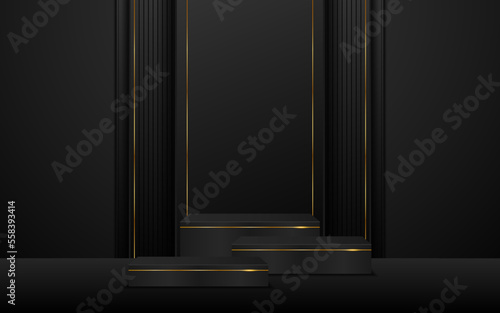 Multi-layered black podium with elegant gold lines on the back for product presentation. Cosmetic product display. vector illustration 