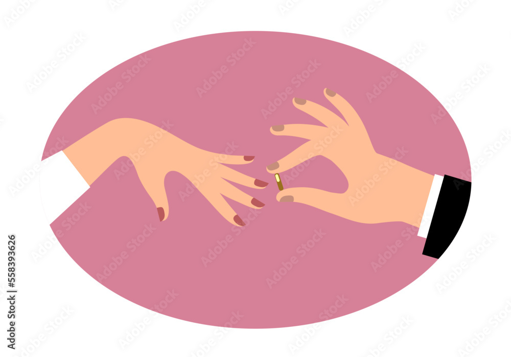 Obraz premium A man's hand puts a ring on a woman's hand in an oval pink frame