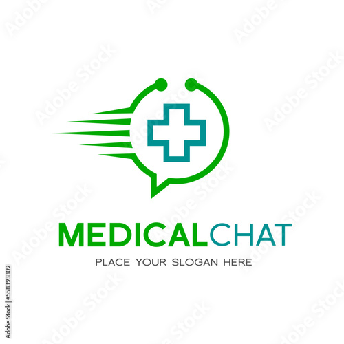 Fast response or chat medical vector logo template. This logo with plus symbol and stethoscope.