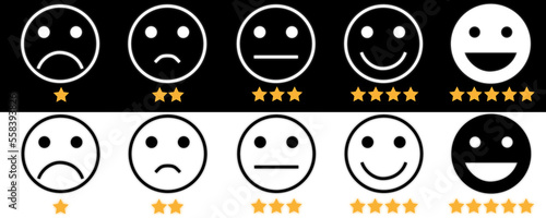 concept of a feedback vector ranking level of satisfaction with service product, categories excellent, good, normal, bad, awful, emotions, smileys, emoji. User experience Review of consumer
