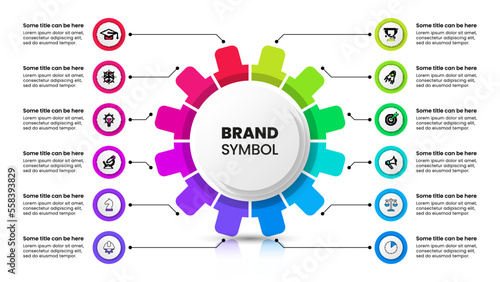 Infographic template. Gear divided into 12 pieces with text