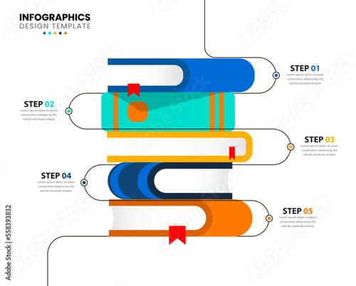 Infographic template. Books with a line and 5 steps. Vector