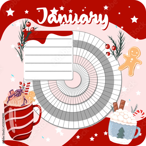 January monthly planner, weekly planner, habit tracker template and example. Template for agenda, schedule, planners, checklists, bullet journal, notebook and other stationery. Christmas cocoa theme
