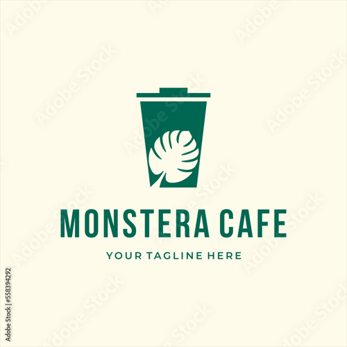 monstera deliciosa cafe mug glass cup with green health custom logo design vector