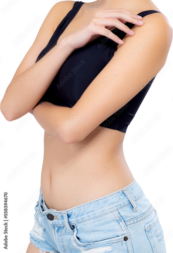 Closeup asian woman beautiful body diet with fit, model girl weight slim with cellulite or calories, health and wellness concept.