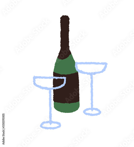 Champagne bottle and coupe glasses. Champaign wine and two wineglasses, stemmed saucers composition. Alcohol drink, modern glassware, stemware. Flat vector illustration isolated on white background