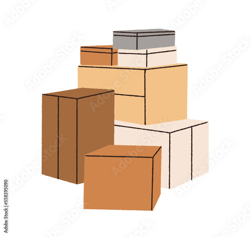 Cardboard boxes pile. Parcels, packages group, stack. Heap of carton packs. Many, lot of containers of different size for storage and moving. Flat vector illustration isolated on white background