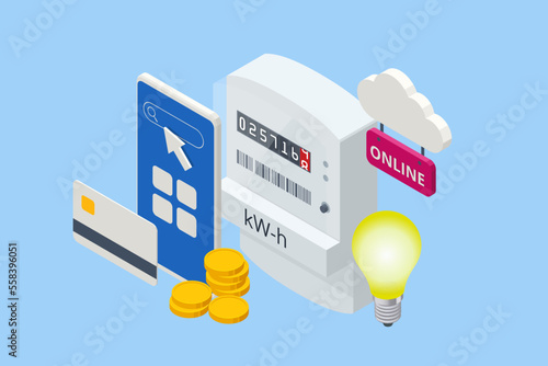 Isometric invoice and electricity meter. Utility bills payment. Electricity consumption expenses. People paying utility, and electricity bills online