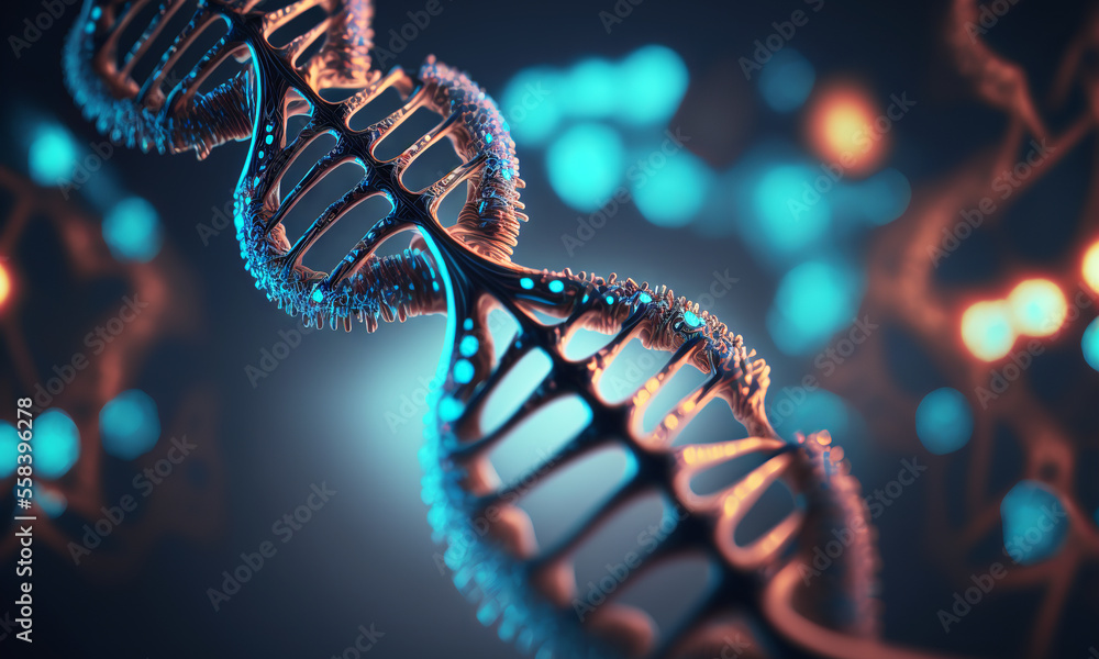 Concept of the evolution of human DNA in the distant future. View under the microscope. Blue helix background close-up. Generative ai