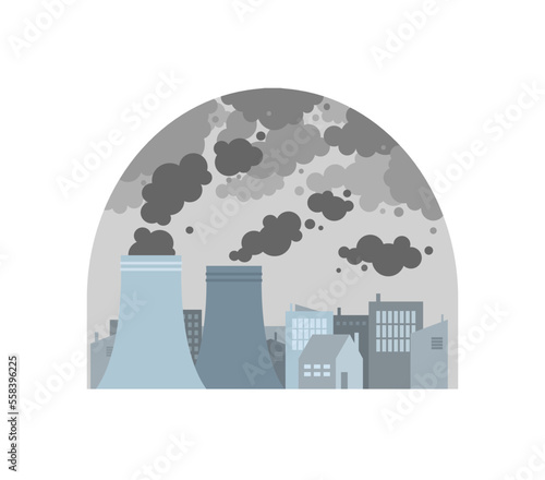 Global warming, air pollution, greenhouse effect concept art flat vector illustration. City full of CO2 carbon greenhouse fumes emissions under the dome. Plant factory chimneys generate carbon smoke.