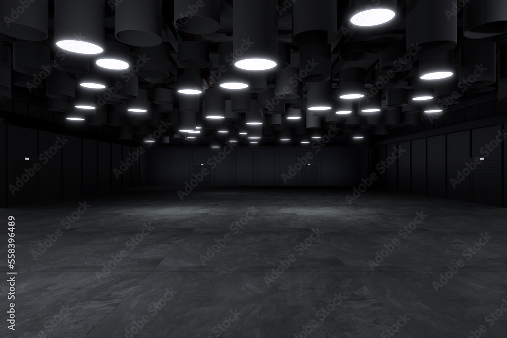 Fototapeta premium Empty hall exhibition centre.The backdrop for exhibition stands, booth,market,trade show.Conversation for activity,meeting.Arena for entertainment,event,sports.Indoor for Factory,showroom.3d render. 