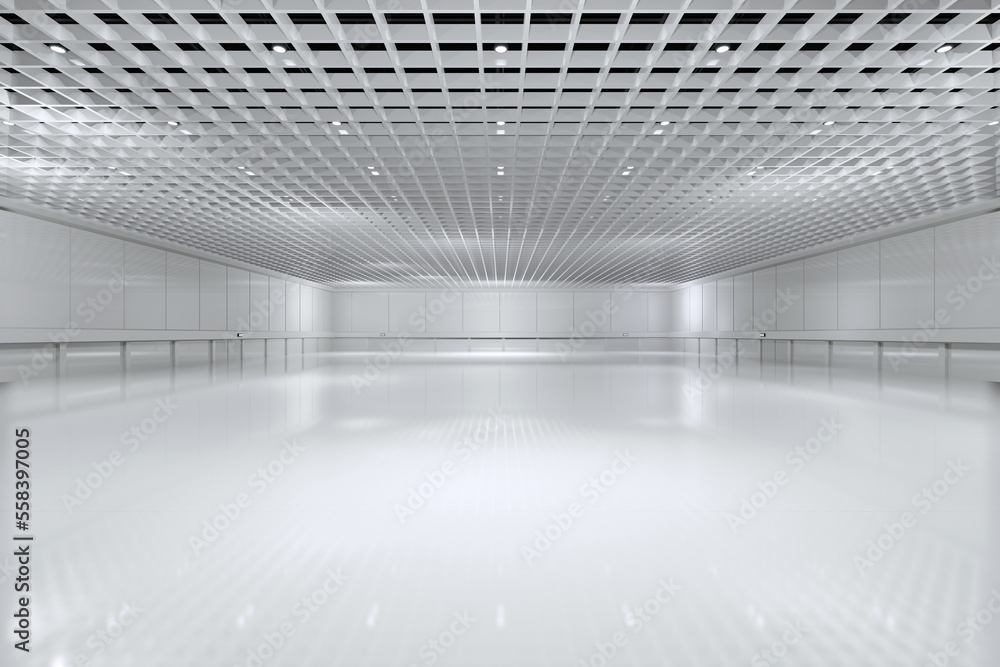 Naklejka premium Empty hall exhibition center.Backdrop for exhibition stands,booth elements. Conversation center for conference.Big Arena for entertainment,concert,event. Indoor stadium for sport.Warehouse.3d render. 