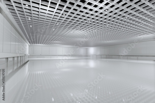 Empty hall exhibition center.Backdrop for exhibition stands booth elements. Conversation center for conference.Big Arena for entertainment concert event. Indoor stadium for sport.Warehouse.3d render. 