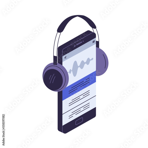 Headphones on phone for listening music, podcast. Mobile audio app on smartphone screen, display. Audiobook, player application, wireless headset. Flat vector illustration isolated on white background