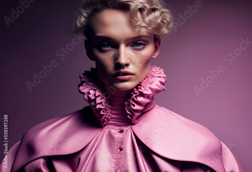 Fashion portrait. Caucasian woman wearing pink high fashion clothing. Generative ai