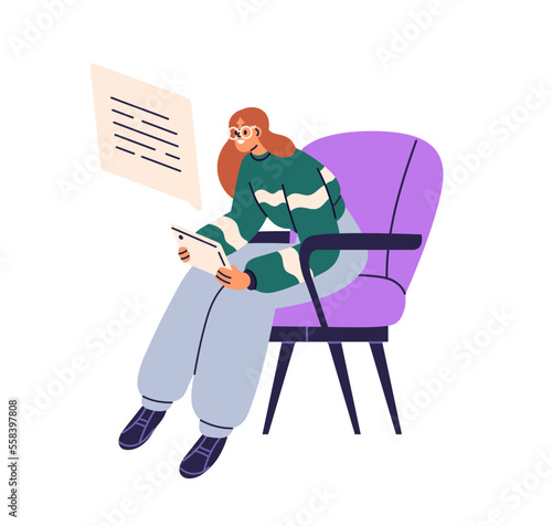 Woman during online communication, correspondence, sitting in armchair with t...