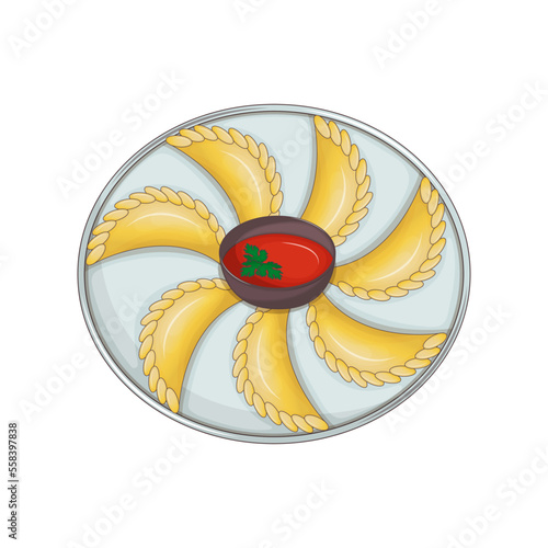 Mexican Pies - Empanados. Dish of Argentine and Mexican cuisine. Layer patties with filling and sauce. Vector illustration. Cartoon.