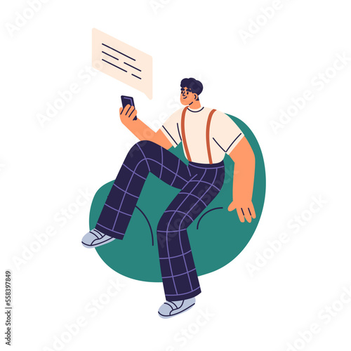 Online communication, correspondence concept. Man texting, reading message with mobile phone. Person chatting via internet with smartphone. Flat vector illustration isolated on white background
