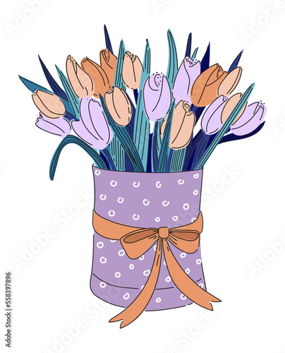 Bouquet of tulips in a hatbox in doodle style.
