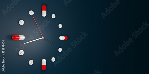 Konstfotografi Clock watch, consisting of capsules and pills, indicating at what time different