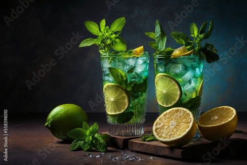 Fresh mojito mint cocktails with lime and brown sugar. Two glasses of mojito cocktail with fresh mint and lime juice. Fresh alcoholic rum mojitos on wooden table with green lime slices, generative ai