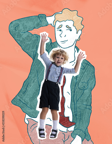 Happy cute kid jumping, having fun over drawn portrait of man. Concept of inner child, childhood and dreams. photo