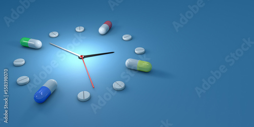 Canvastavla Clock watch, consisting of capsules and pills, indicating at what time different