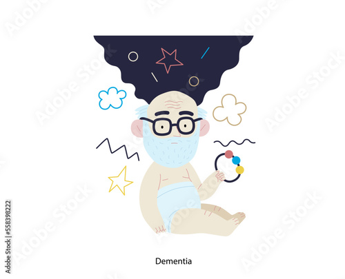 Mental disorders illustration. Dementia- modern flat vector illustration of elderly man, weakening of cognitive function, return to childhood. People emotional, psychological, mental traumas concept