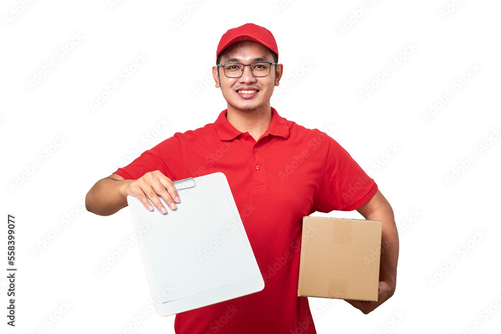 Asian delivery man or courier wearing red uniform showing blank clipboard asking for signature Asian delivery man or courier wearing red uniform showing blank clipboard asking for signature