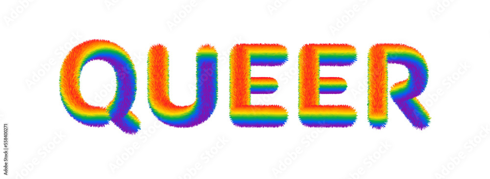 QUEER rainbow colors fur word banner illustration isolated. Teddy style ilustration perfect for your rainbow identity, transgender banner, gays and lesbians posters, bisexual design, etc.