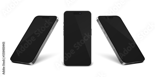 Vector 3d Realistic Gray Silver Chrome Modern Smartphone Design Template Set Closeup Isolated on White Background. Mobile Phone Mockup. Telephone Device UI UX, Phone in Front, Half Turn View