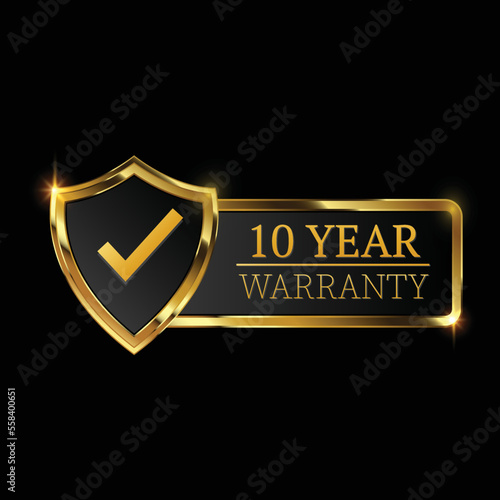 10 year warranty logo with golden shield and golden ribbon.Vector illustration.
