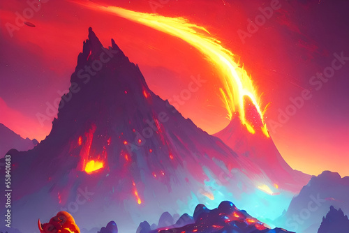 montagne incandescenti, eruzione e lava nel pianeta sconosciuto, generative ai photo