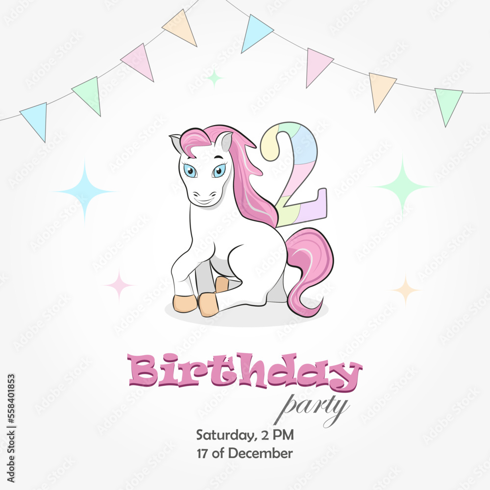 Invitation to a birthday party of 2 years old with a pony, holiday flags and the number 2. Vector illustration